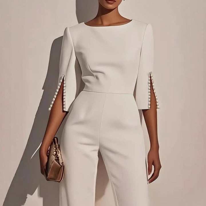 Women's Jumpsuit Velvet Wide Leg Boat Neck 3/4 Sleeve Pearl Trim – Formal