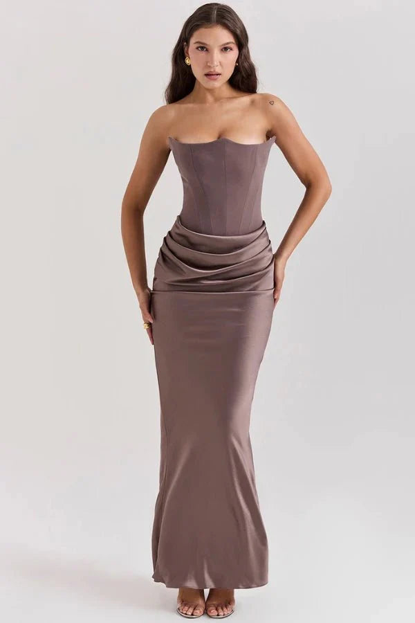 Women's Gown Strapless Corset Satin Structured Bodice Maxi Length