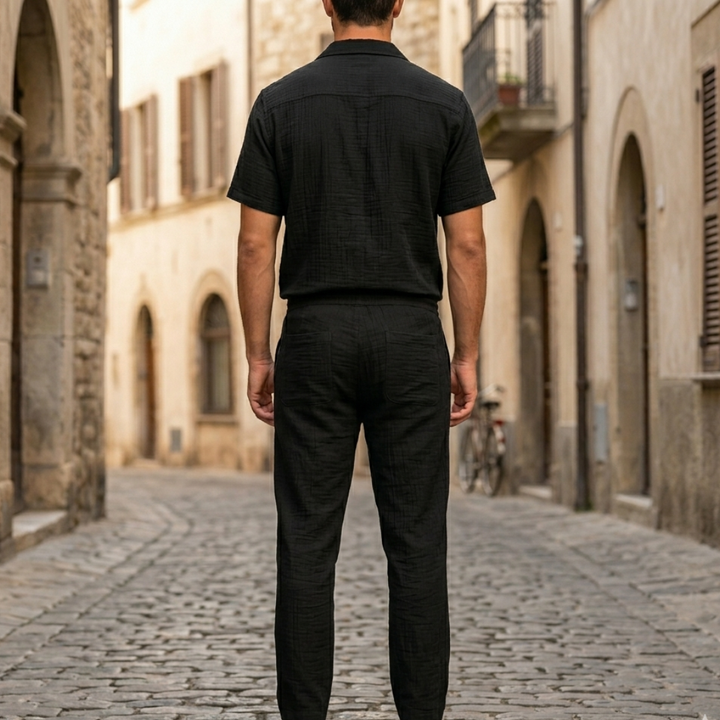 Mens Short Sleeve Shirt and Pants Set Button Up Casual Outfit
