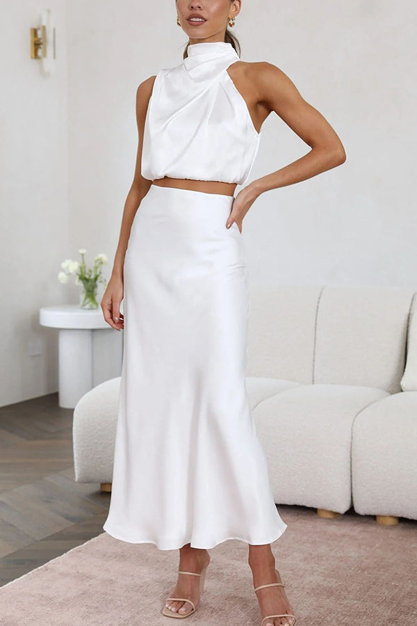 Women's Skirt Set Satin High Neck Drape Maxi Matching Formal Wear
