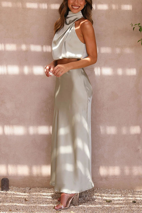 Women's Skirt Set Satin High Neck Drape Maxi Matching Formal Wear