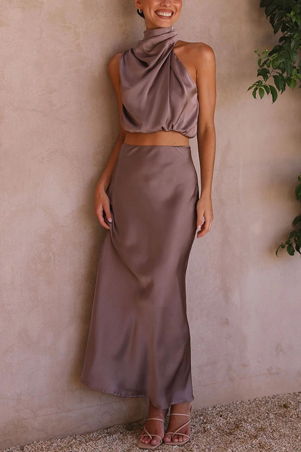 Women's Skirt Set Satin High Neck Drape Maxi Matching Formal Wear