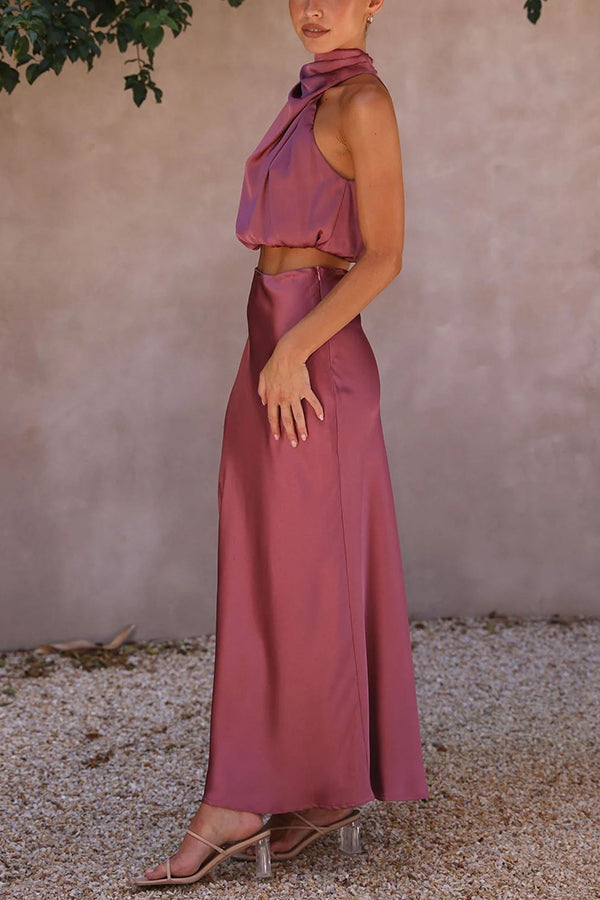 Women's Skirt Set Satin High Neck Drape Maxi Matching Formal Wear
