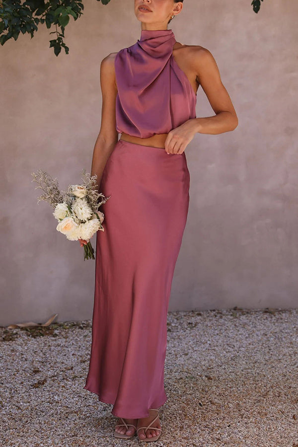 Women's Skirt Set Satin High Neck Drape Maxi Matching Formal Wear