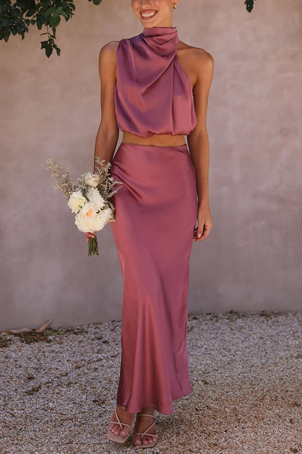 Women's Skirt Set Satin High Neck Drape Maxi Matching Formal Wear