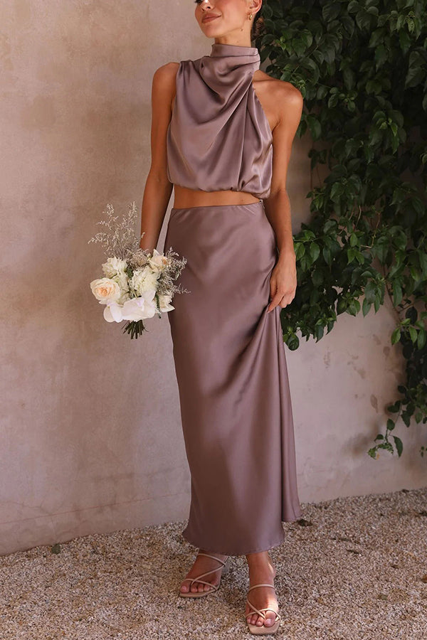Women's Skirt Set Satin High Neck Drape Maxi Matching Formal Wear