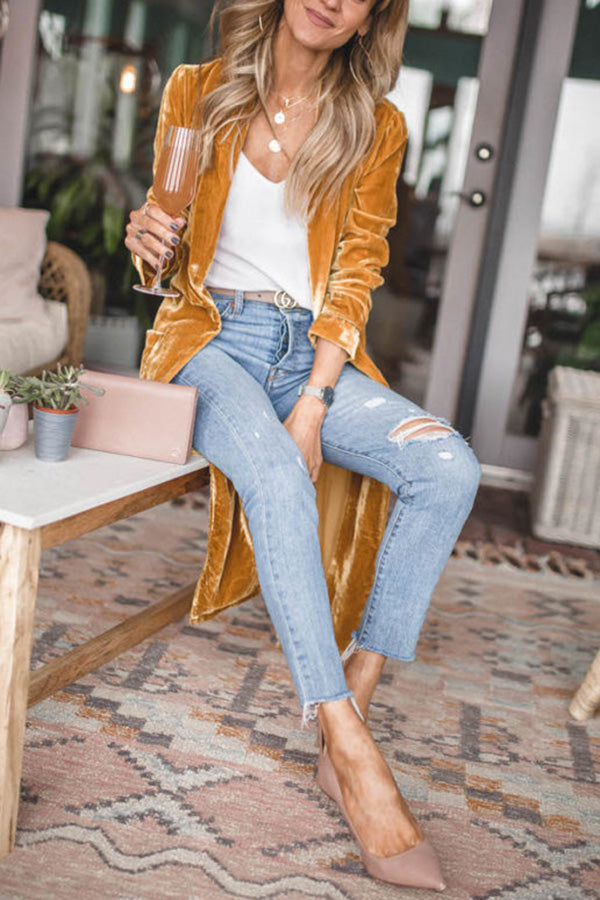 Women's Coat Velvet Long Sleeve Longline Open Front Casual Wear
