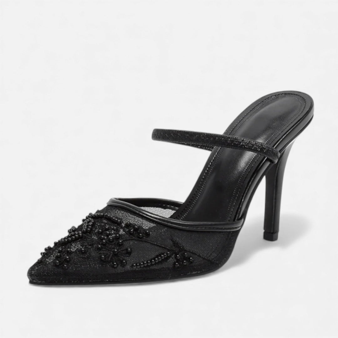 Women's Embroidered Mesh Stiletto Slip-On with Pointed Toe – Elegant