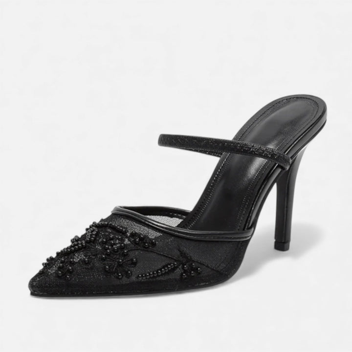 Women's Embroidered Mesh Stiletto Slip-On with Pointed Toe – Elegant