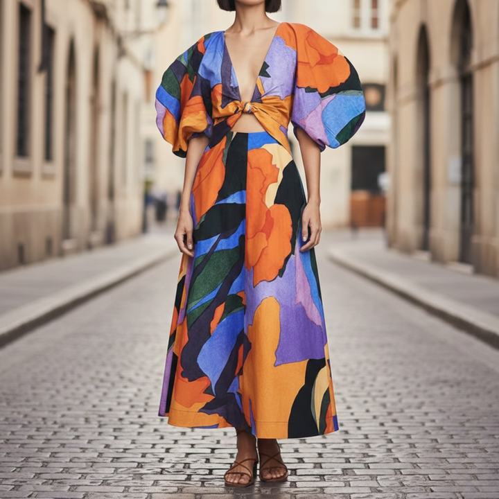 Maxi Dress Printed Puff Sleeve Women