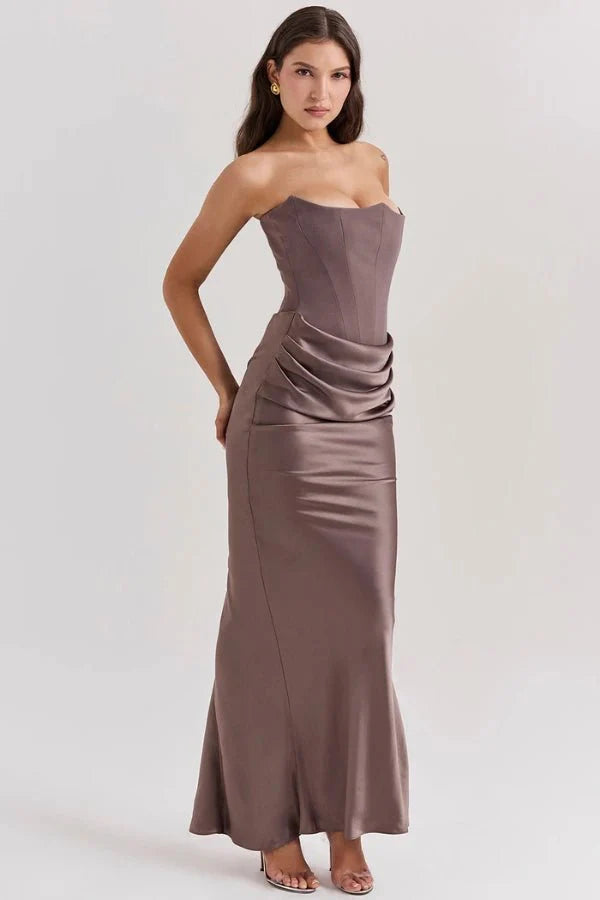 Women's Gown Strapless Corset Satin Structured Bodice Maxi Length