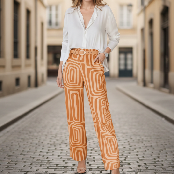 Womens Two Piece Pants Set Collared Blouse Printed