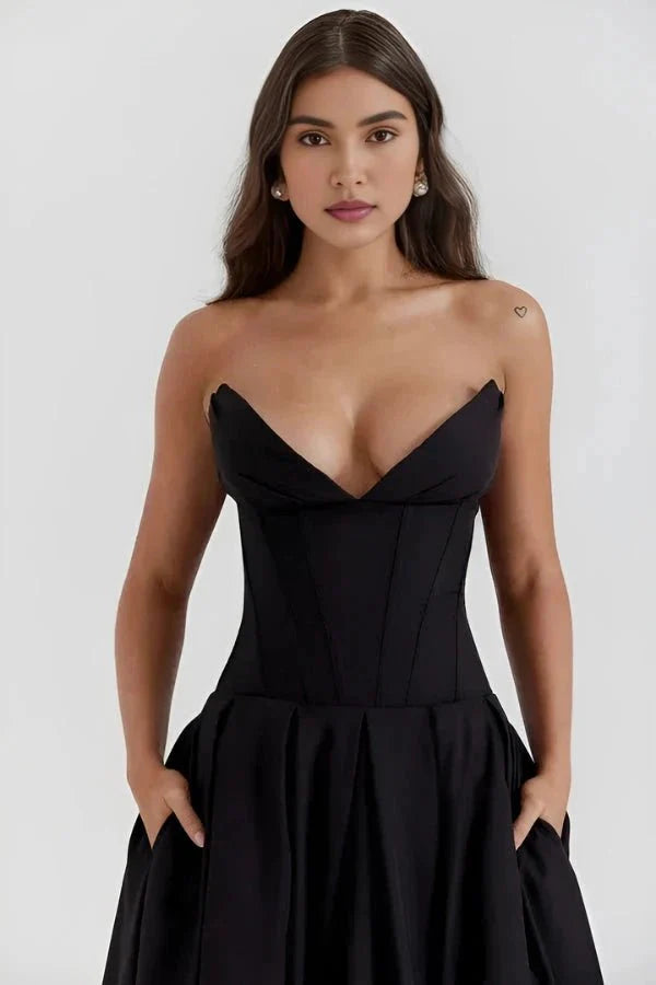 Women's Midi Dress Strapless Boned Bodice Full Skirt Zip Back