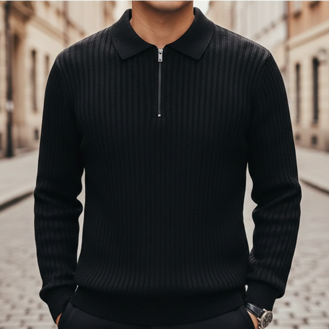 Polo Sweater Quarter Zip Ribbed Knit Men