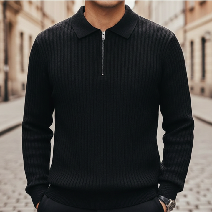 Polo Sweater Quarter Zip Ribbed Knit Men