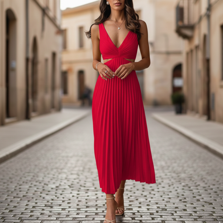 Maxi Dress Pleated V Neck Sleeveless Women