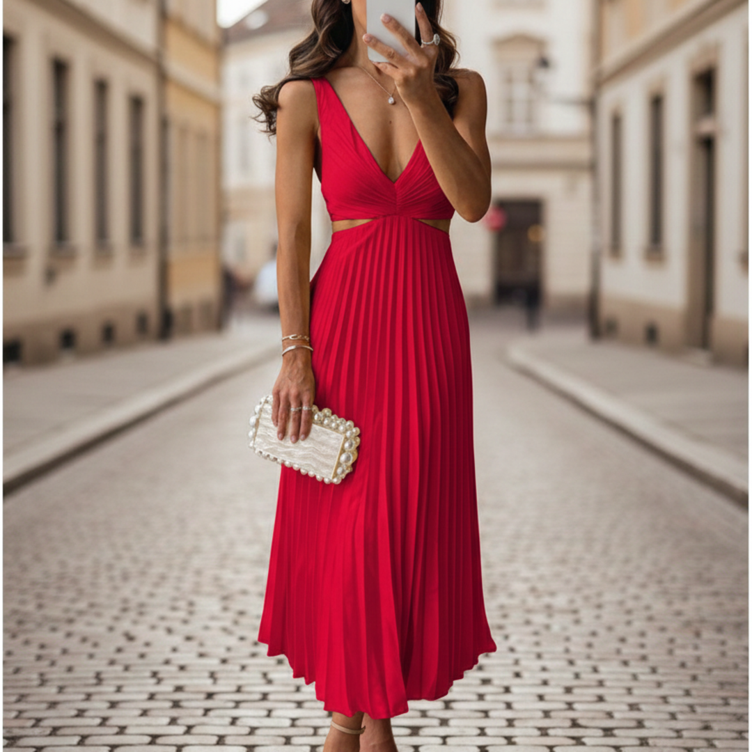 Maxi Dress Pleated V Neck Sleeveless Women