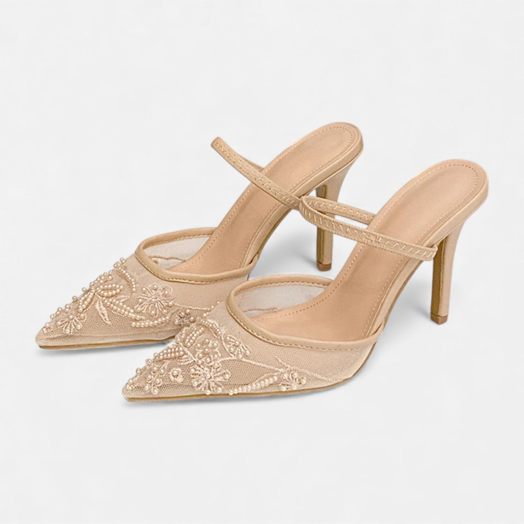 Women's Embroidered Mesh Stiletto Slip-On with Pointed Toe – Elegant