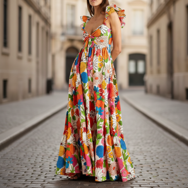 Maxi Dress Floral Ruffle Sleeve Women