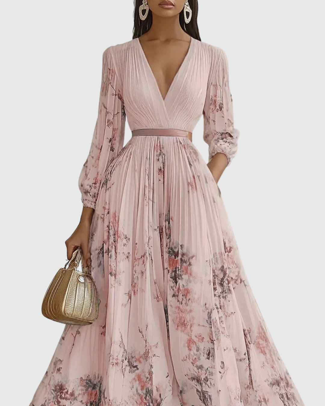 Women's Velvet Maxi Dress Pleated Long Sleeve
