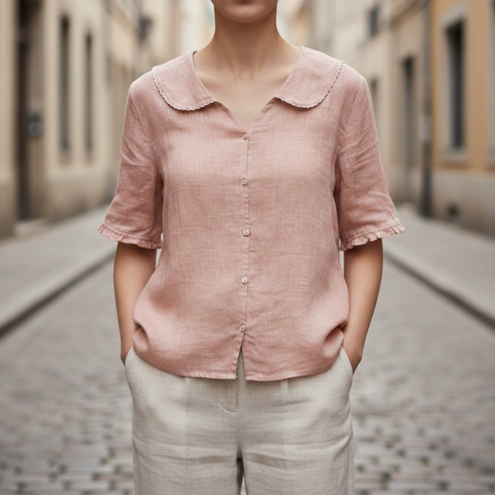 Women’s Button Down Blouse Scalloped Collar Casual Summer Top