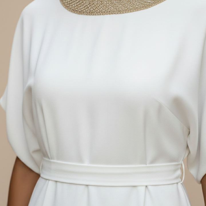 Midi Dress V Neck Short Sleeve Tie Waist Women