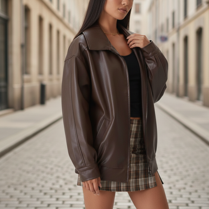 Leather Jacket Oversized Zip Front Women