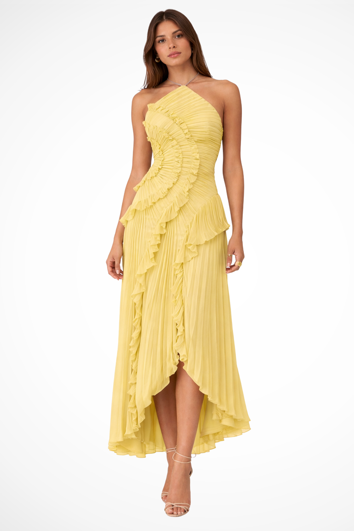 Women's Maxi Dress Halter Sleeveless Ruffle Pleated Asymmetric Hem Open Back