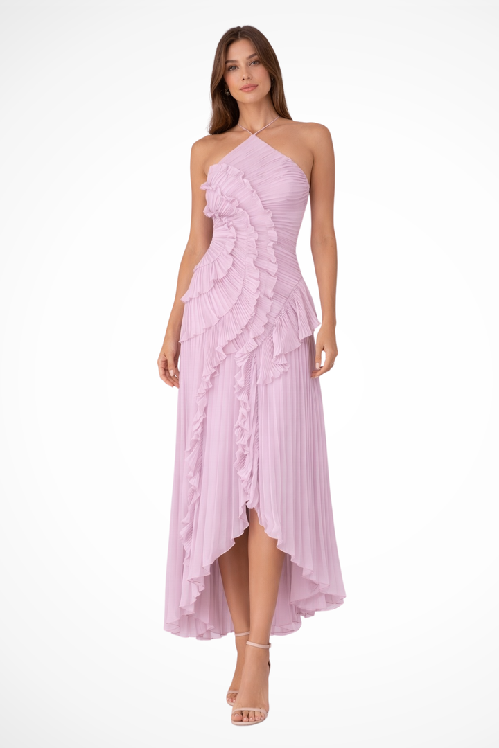 Women's Maxi Dress Halter Sleeveless Ruffle Pleated Asymmetric Hem Open Back