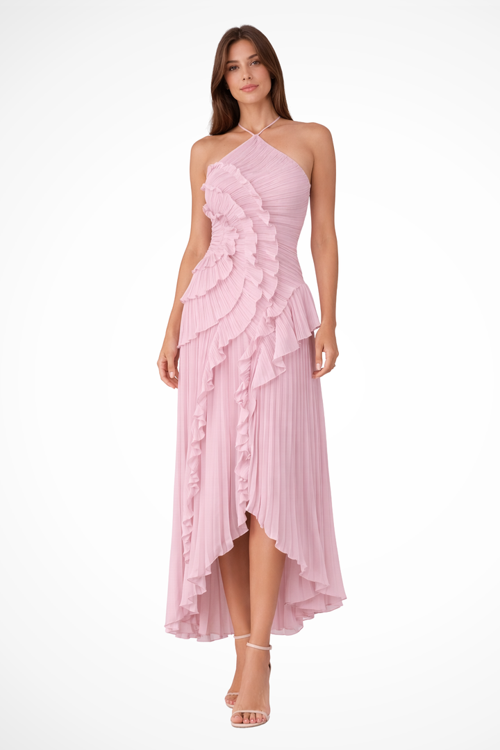 Women's Maxi Dress Halter Sleeveless Ruffle Pleated Asymmetric Hem Open Back