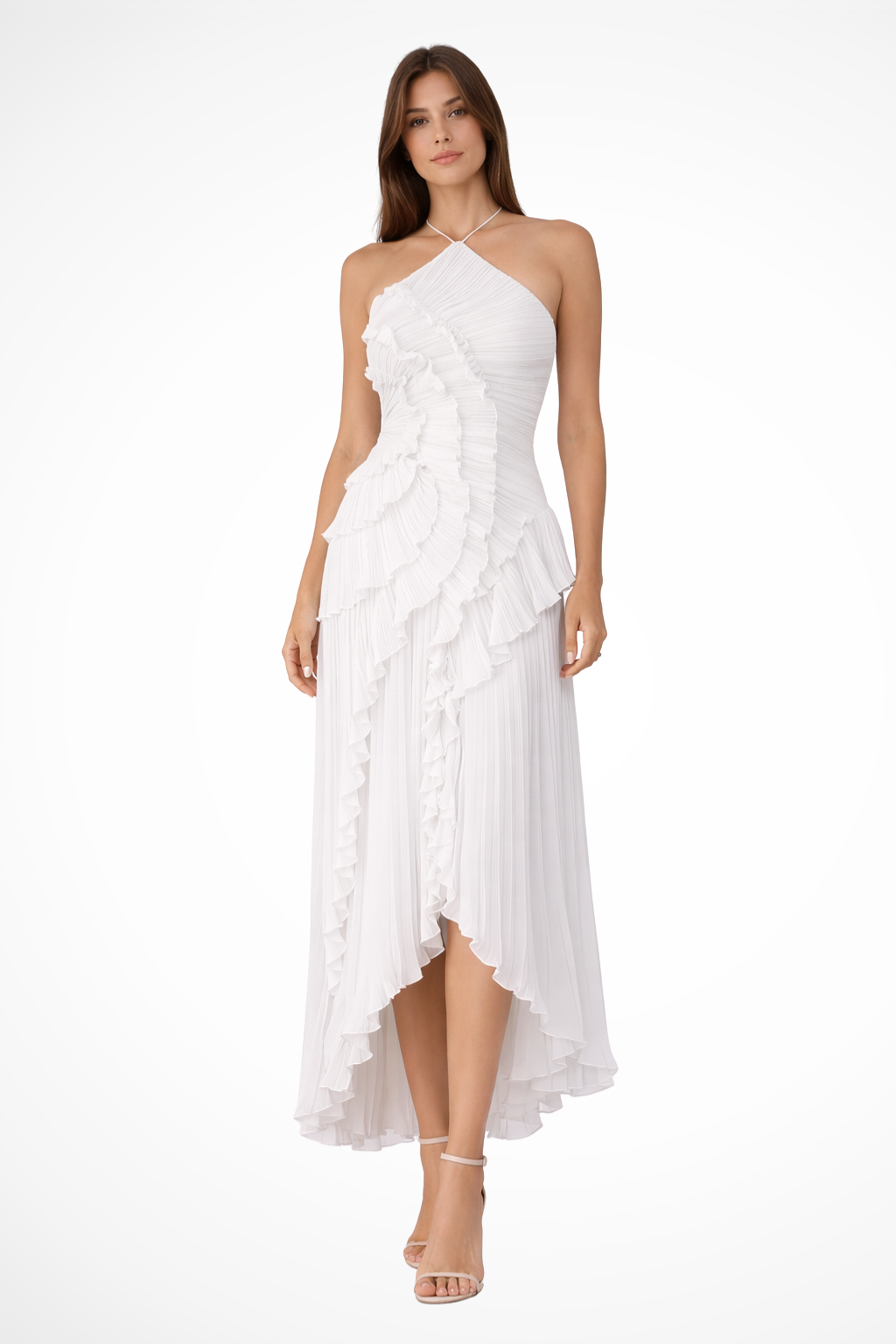 Women's Maxi Dress Halter Sleeveless Ruffle Pleated Asymmetric Hem Open Back