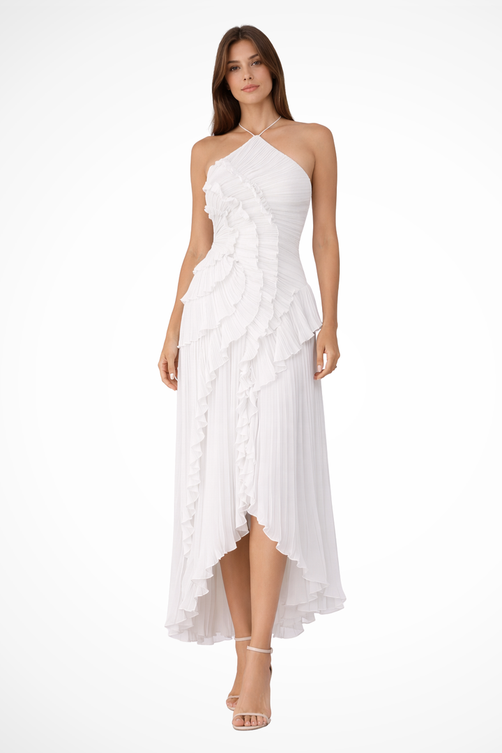 Women's Maxi Dress Halter Sleeveless Ruffle Pleated Asymmetric Hem Open Back