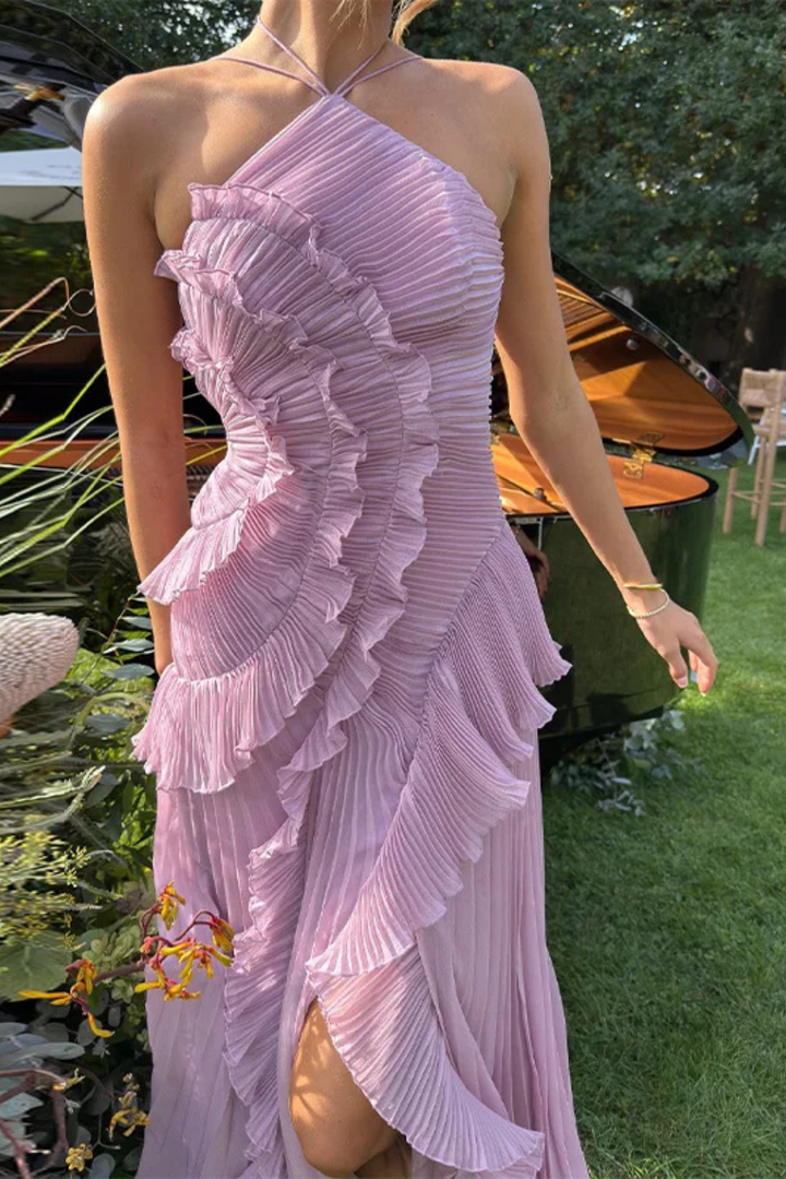 Women's Maxi Dress Halter Sleeveless Ruffle Pleated Asymmetric Hem Open Back