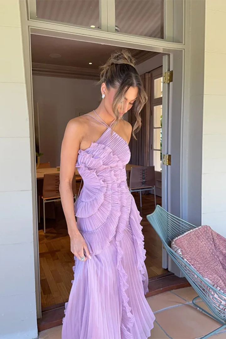 Women's Maxi Dress Halter Sleeveless Ruffle Pleated Asymmetric Hem Open Back