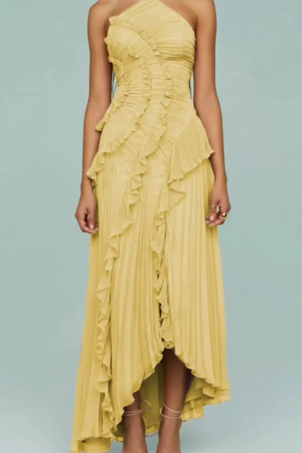 Women's Maxi Dress Halter Sleeveless Ruffle Pleated Asymmetric Hem Open Back
