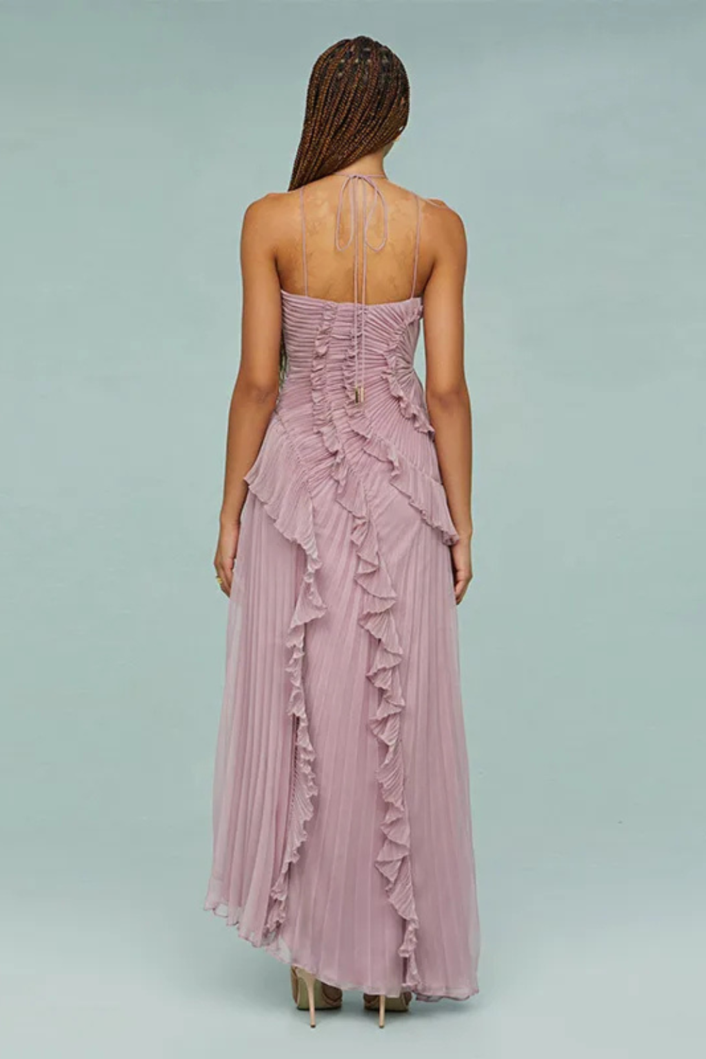 Women's Maxi Dress Halter Sleeveless Ruffle Pleated Asymmetric Hem Open Back