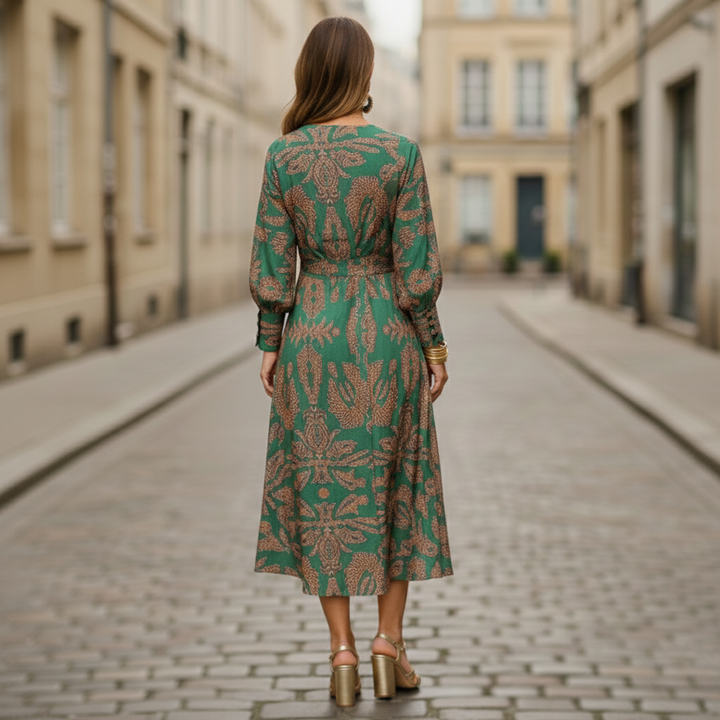 Maxi Dress Women Long Sleeve V Neck Printed