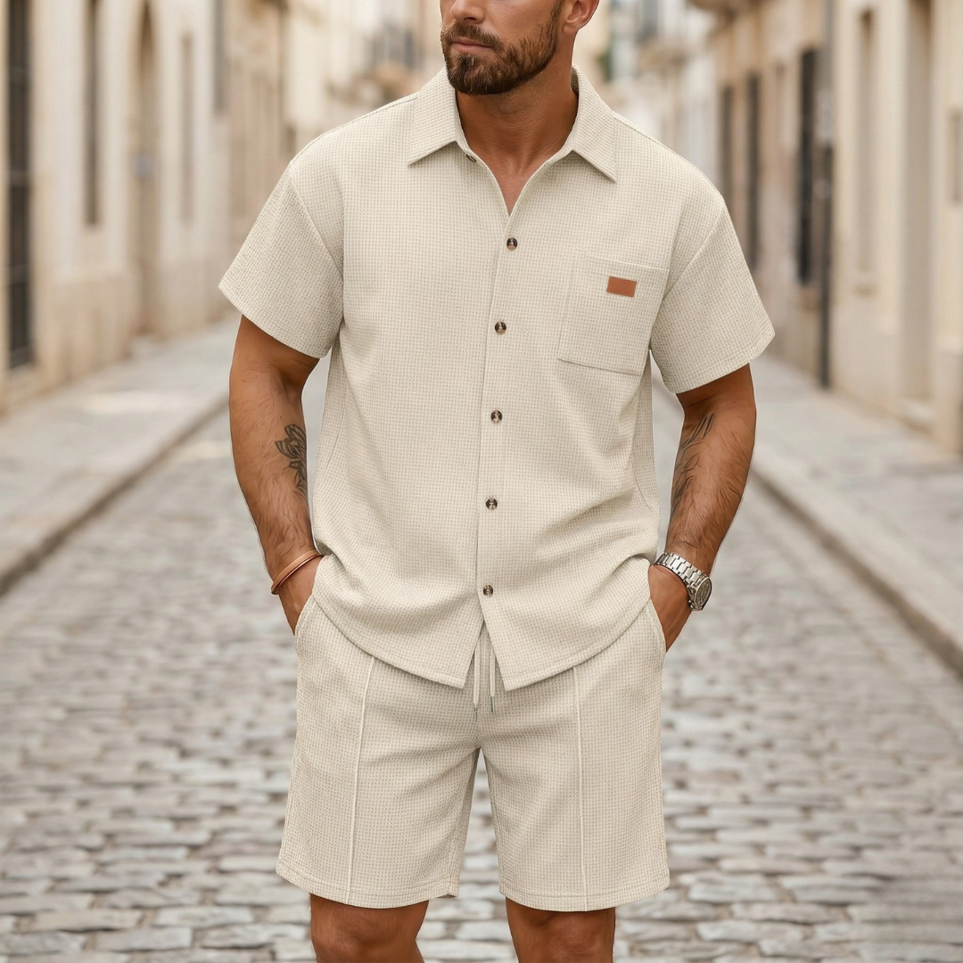 Mens Short Sleeve Shirt and Shorts Set Button Up Casual Outfit