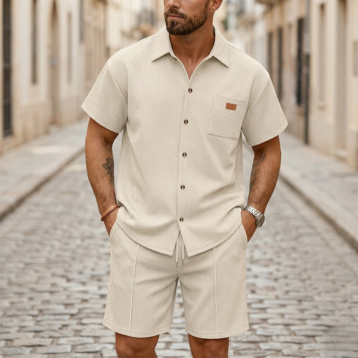 Mens Short Sleeve Shirt and Shorts Set Button Up Casual Outfit