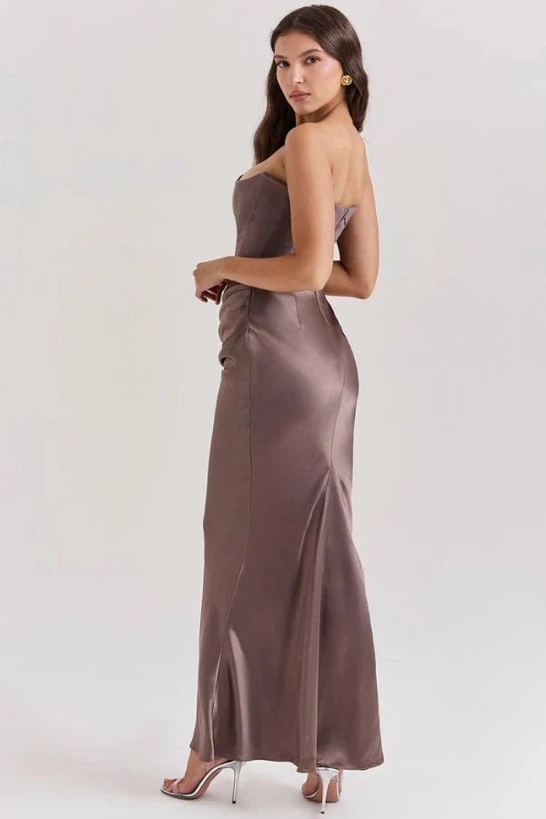 Women's Gown Strapless Corset Satin Structured Bodice Maxi Length