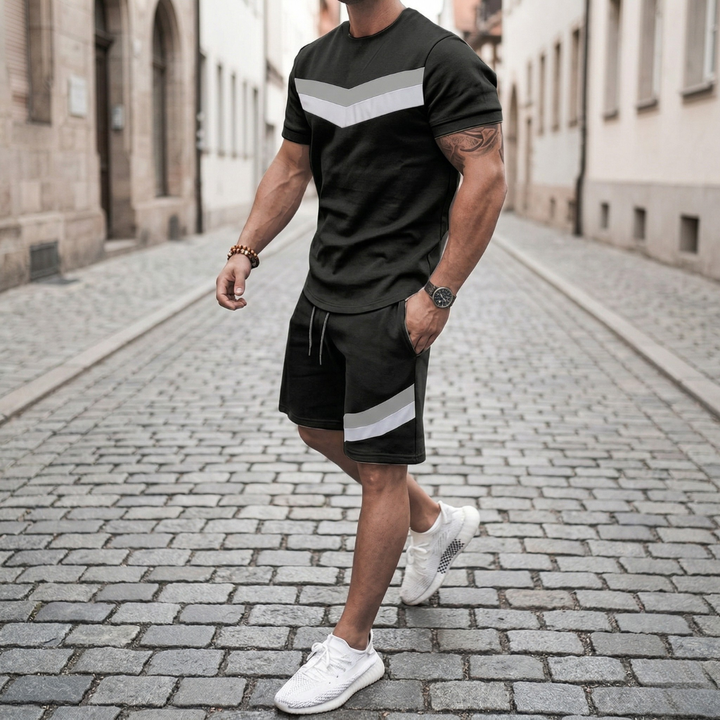 Mens T Shirt and Shorts Set Color Block Casual Outfit