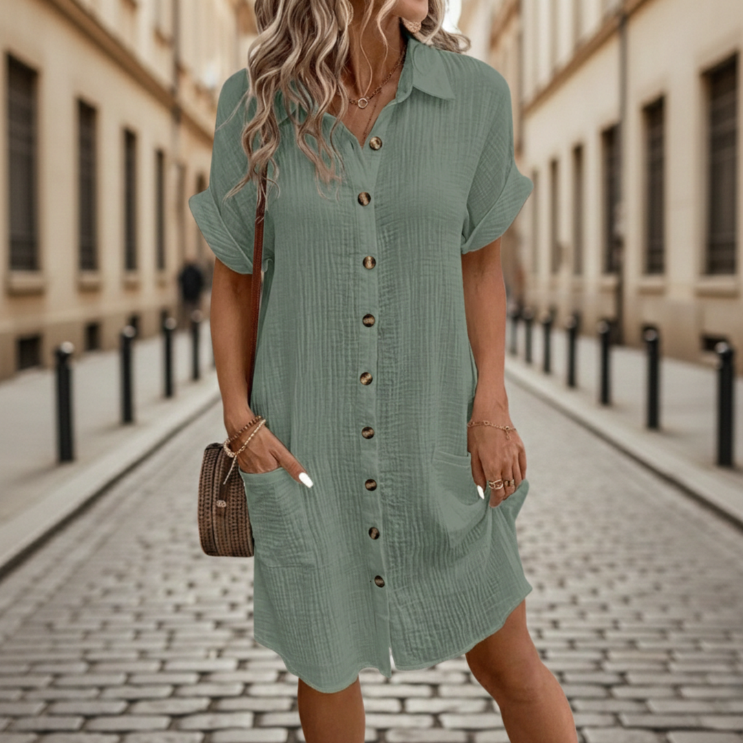 Women’s Button-Front Short Sleeve Shirt Dress