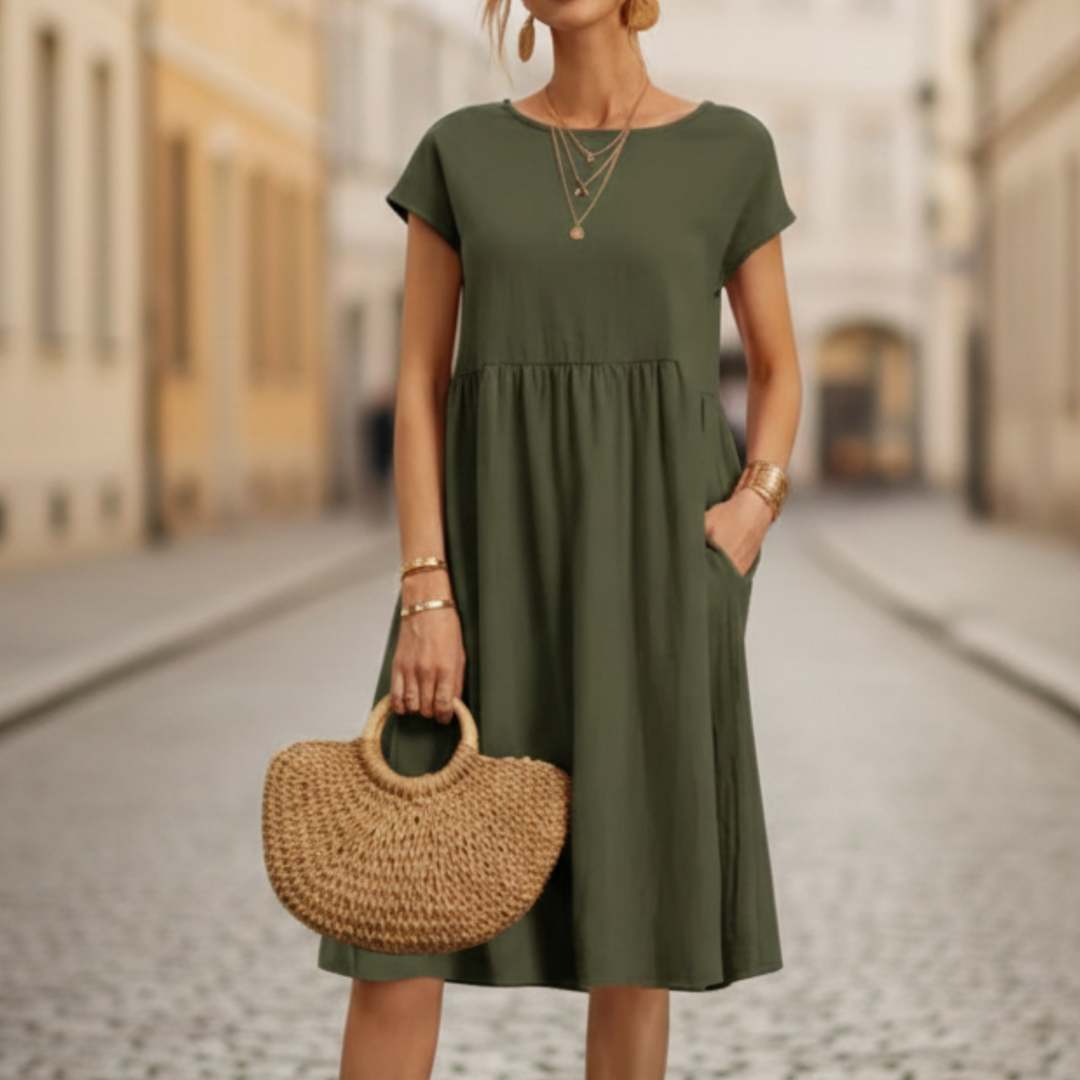 Midi dress short sleeve pocket womens
