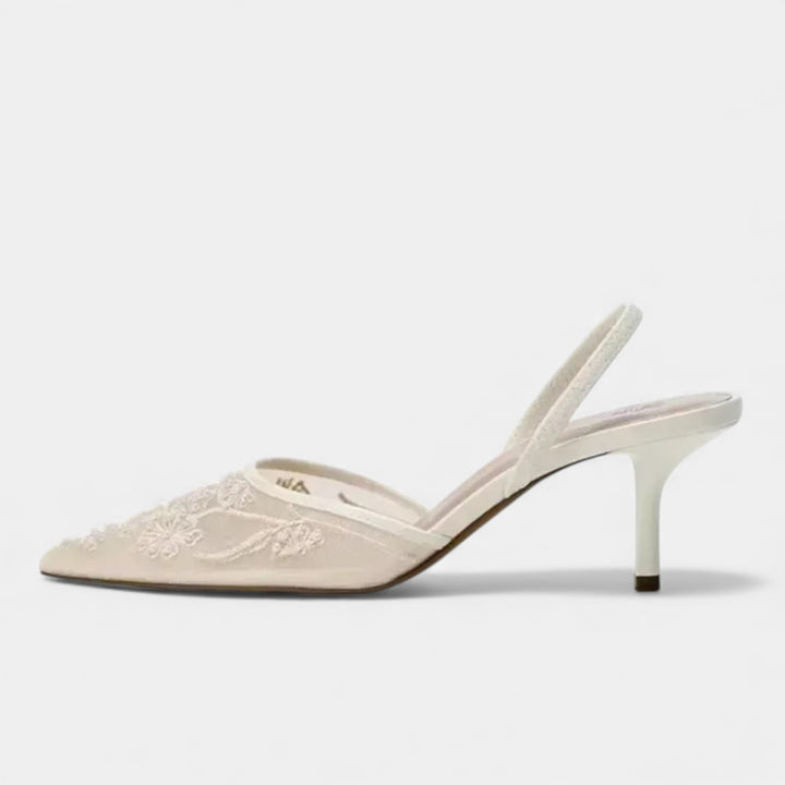 Women's Embroidered Mesh Stiletto Slip-On with Pointed Toe – Elegant