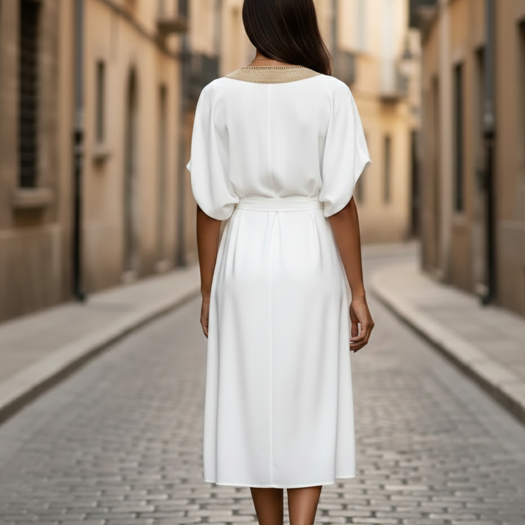 Midi Dress V Neck Short Sleeve Tie Waist Women