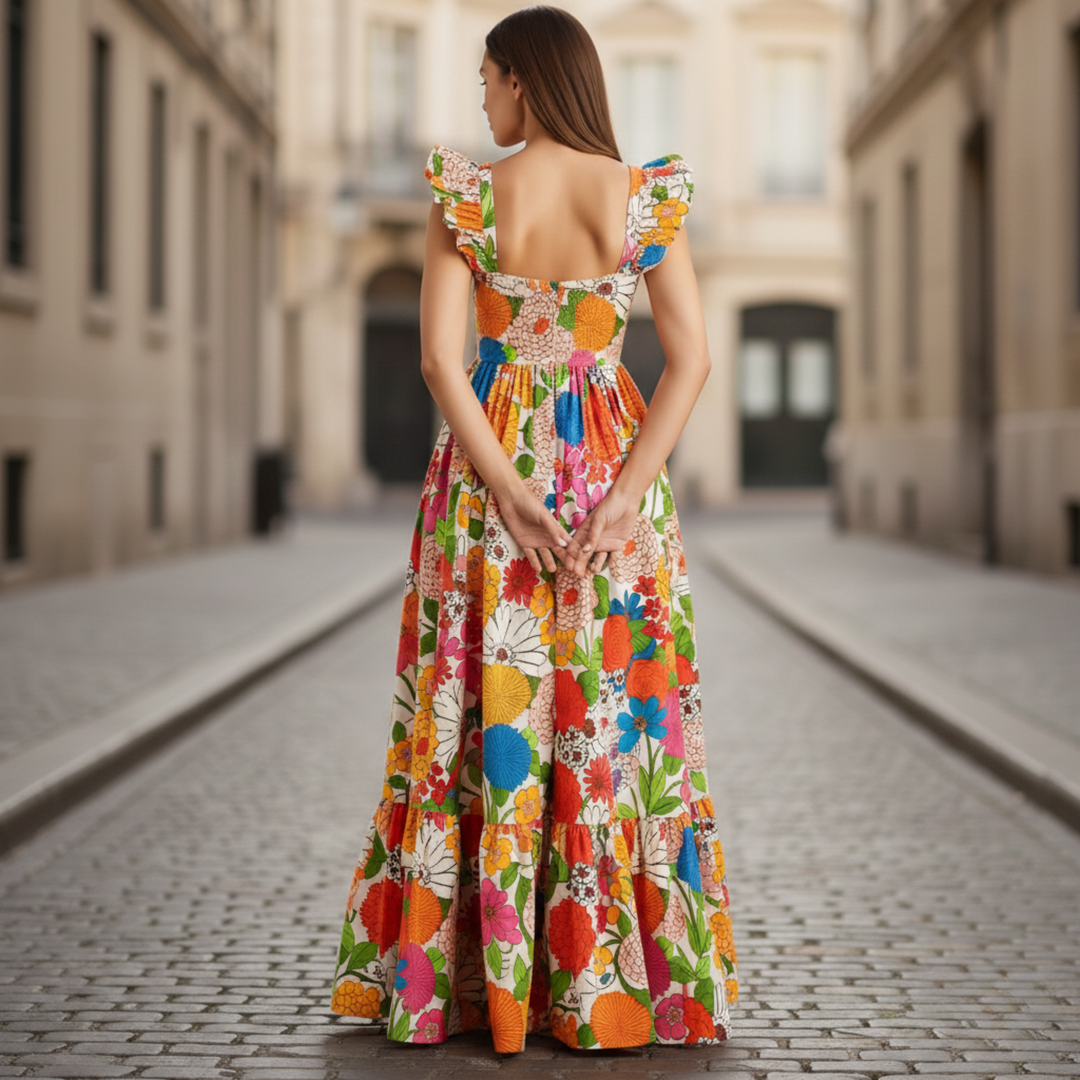 Maxi Dress Floral Ruffle Sleeve Women