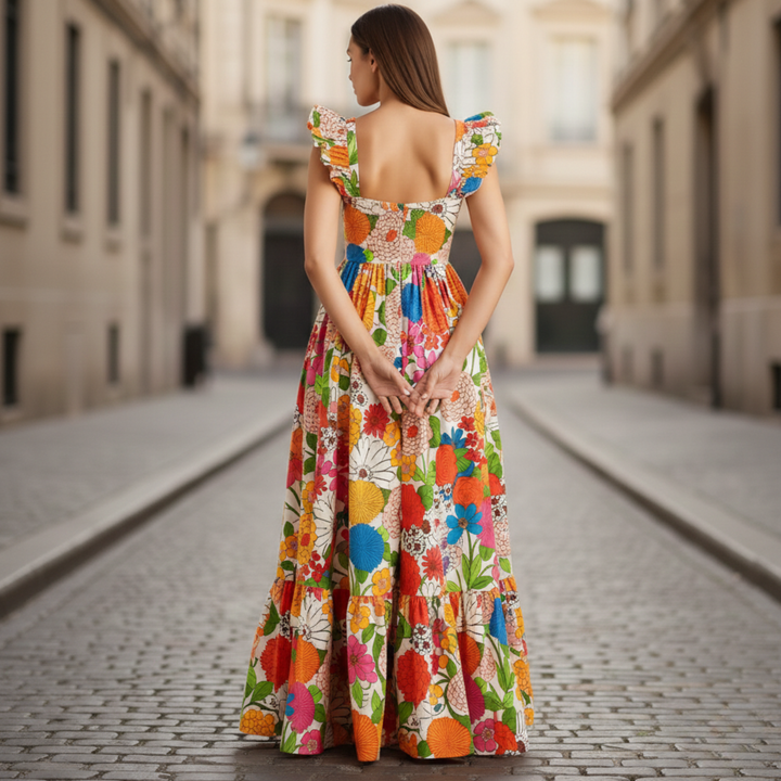 Maxi Dress Floral Ruffle Sleeve Women
