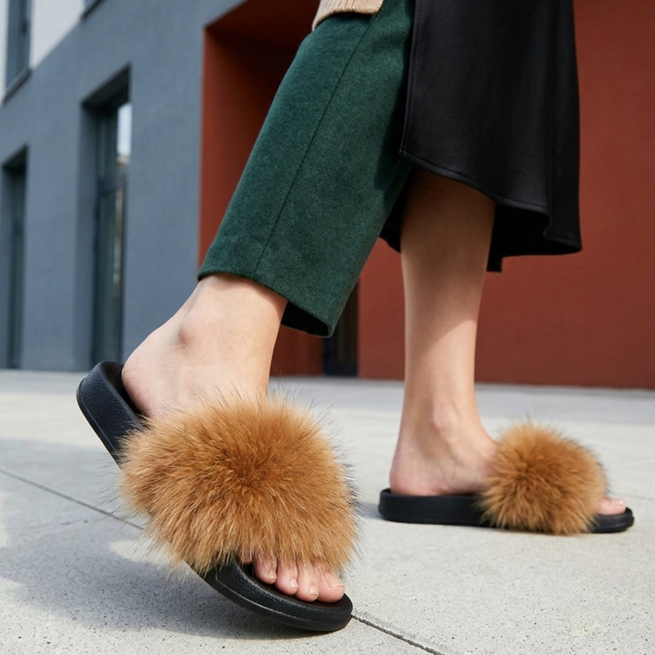 Women’s Faux Fur Slide Slippers Soft Plush Open Toe