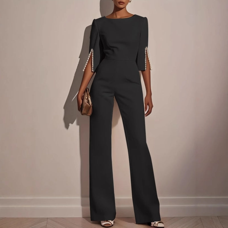 Women's Jumpsuit Velvet Wide Leg Boat Neck 3/4 Sleeve Pearl Trim – Formal