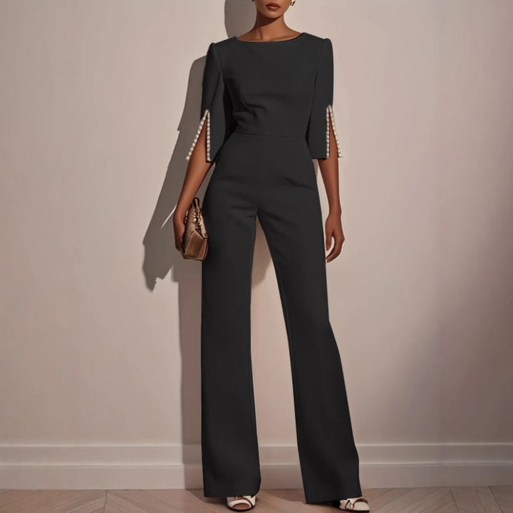 Women's Jumpsuit Velvet Wide Leg Boat Neck 3/4 Sleeve Pearl Trim – Formal